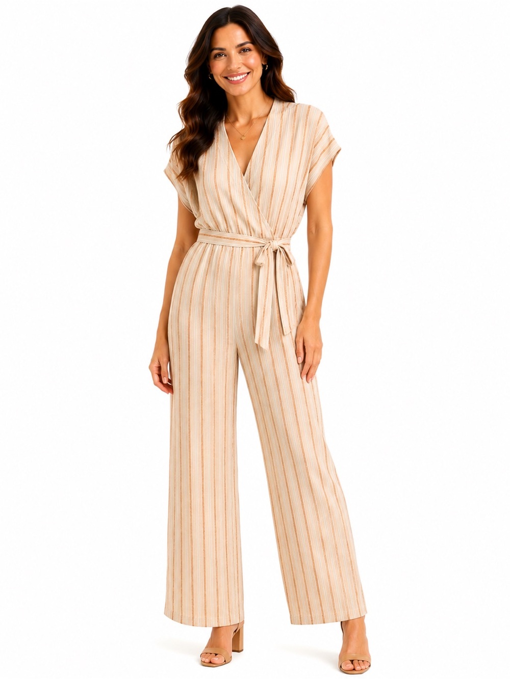 NWT H&M Size Large Women’s Beige & Gold Striped Wrap Jumpsuit with Tie Waist